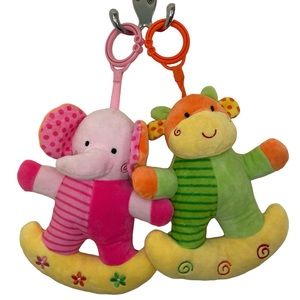 Set of 2  - Linzy Toys Elephant Giraffe Baby Rattle Clip On Soft Plush Toys